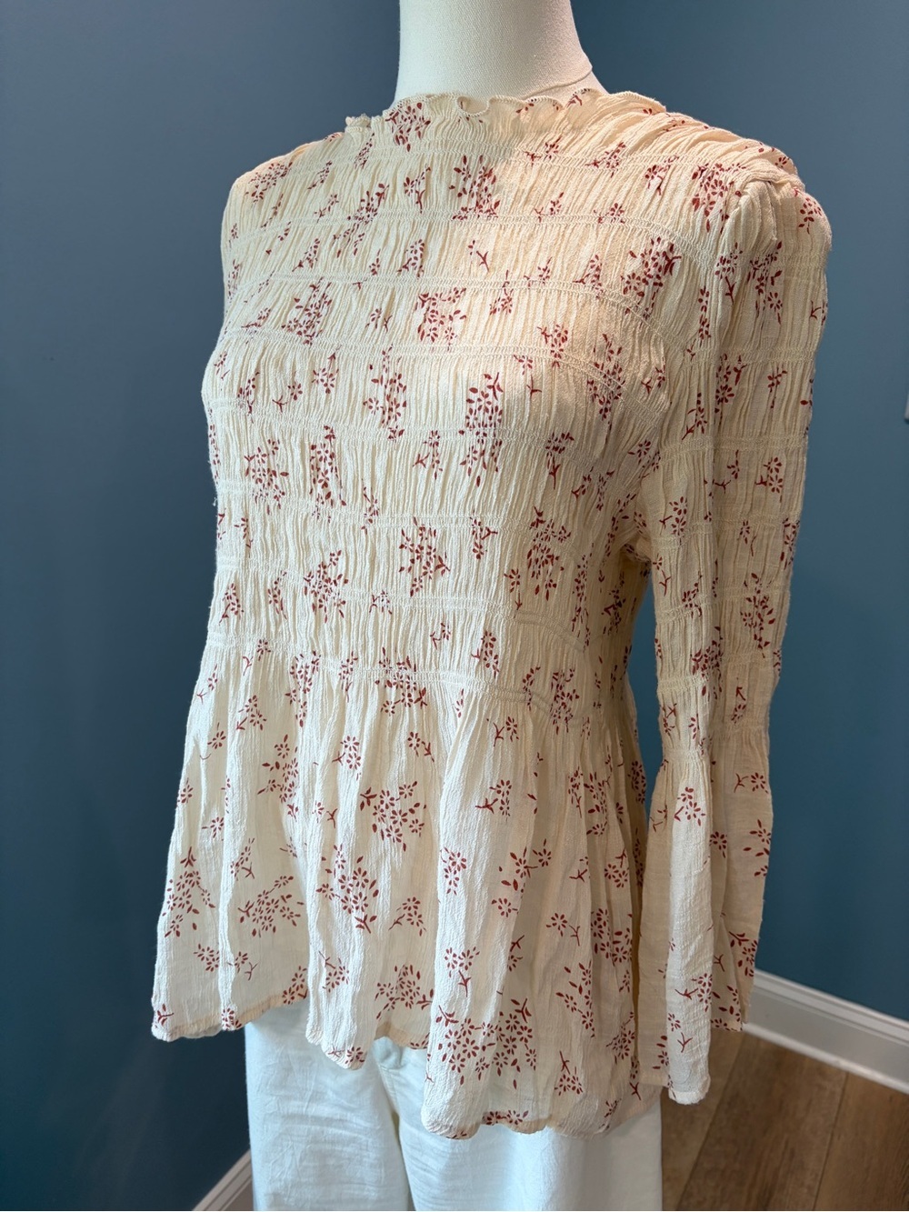 Adiva Cream Floral Smocked Peplum Blouse Long Sleeve Boho Top Size Medium - Picture 2 of 8